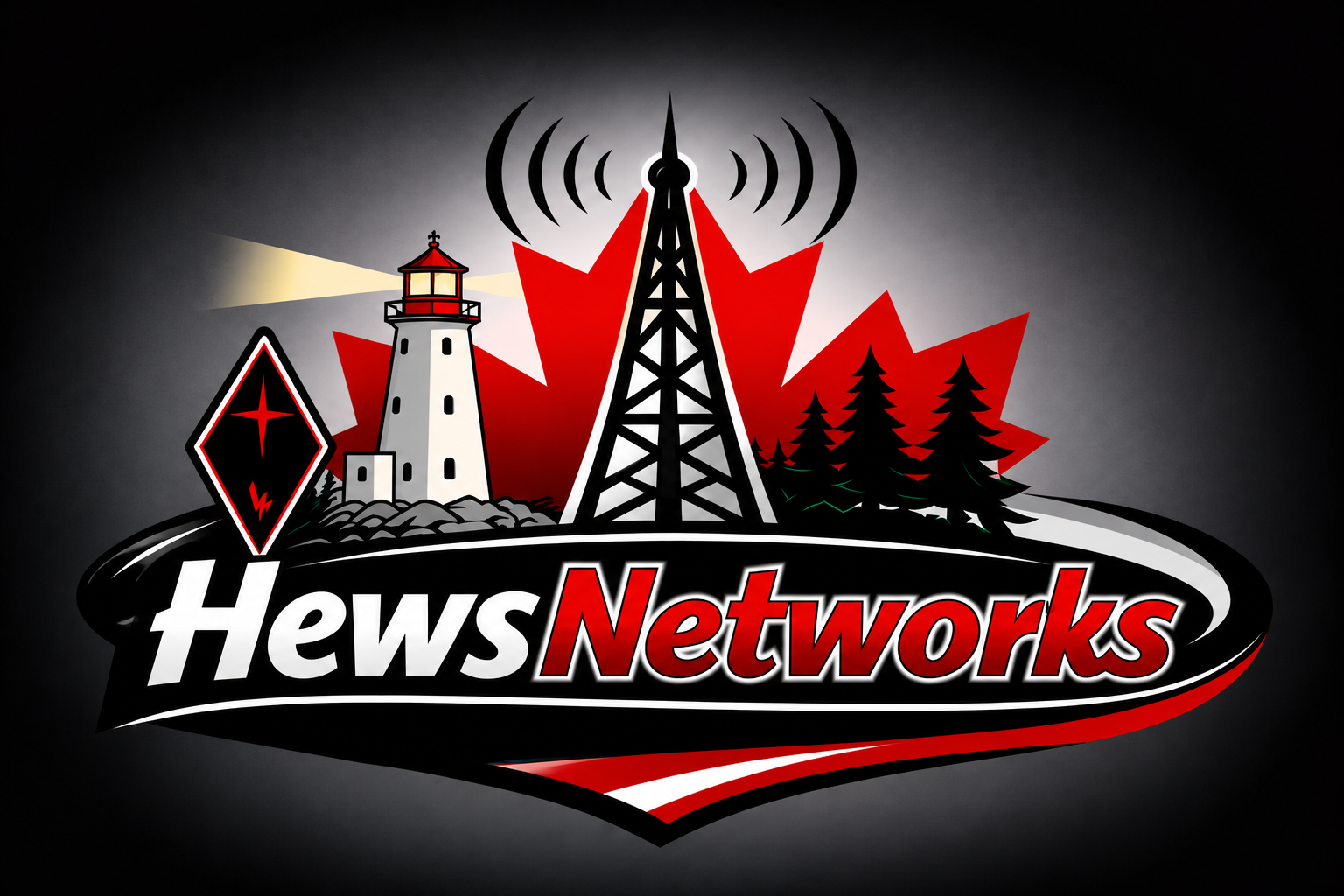 HewsNetworks logo featuring a lighthouse, radio tower, maple leaf and evergreens